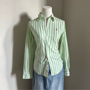 Ralph Lauren Golf Long Sleeve Button Down Shirt Women's Sz 6 White Green Stripes